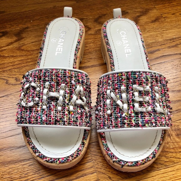 CHANEL Shoes - Practically brand new- Tweed Chanel Slides